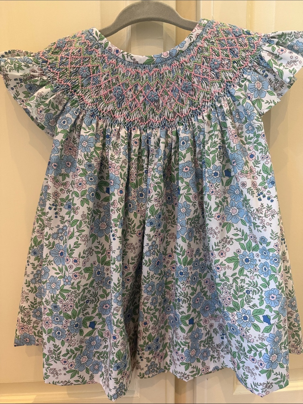 Girls Blue and Pink Floral Smocked Cotton Matching Set